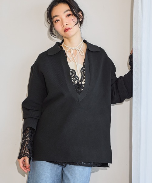 mysty woman(ミスティウーマン)の「スキッパーニット 643871(ニット/セーター・レディース・ライトグレー/アイボリー/ブラック・FREE)」の1枚目の写真