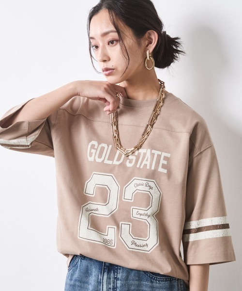 CHIC STYLE（シックスタイル）の「綿100％6分袖フットボールTシャツ＜大きいサイズ有＞シックスタイル（Tシャツ/カットソー・レディース・オフホワイト/ベージュ・3L/LL/L/M/5L/4L）」の2枚目の写真