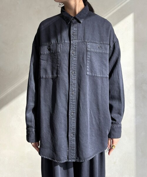 DouDou（ドゥドゥ）の「【セットアップ可能】リヨセルシャツ（シャツ/ブラウス・レディース・ライトグレー/ネイビー/オフホワイト・FREE）」の5枚目の写真