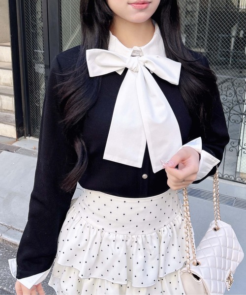 INGNI（イング）の「ボウタイドッキングニット（ニット/セーター・レディース・ネイビー系6/ネイビー系8/ブラック×ホワイト/グレー系8・M）」の5枚目の写真