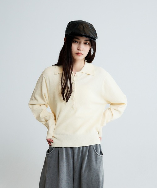 JEANASIS（ジーナシス）の「12Gカバーリングボタンポロニット/658872（ポロシャツ・レディース・アイボリー/ベビーピンク/ホワイト/ネイビー・FREE）」の2枚目の写真