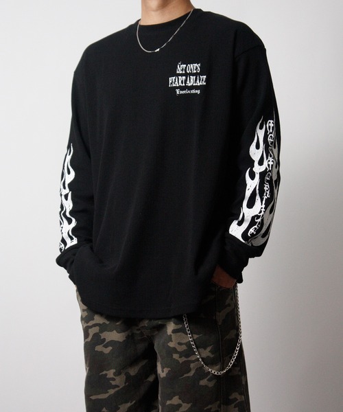 NYLAUS(ナイラス)の「【NYS】クロスロゴ ワッフルロングTシャツ ウイングロゴ トライバルデザイン ロンT 長袖Tシャツ(Tシャツ/カットソー・メンズ・ホワイト系その他/ホワイト/ブラック/ブラック系その他・M/L)」の8枚目の写真