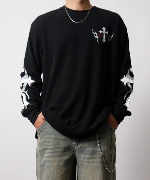 NYLAUS(ナイラス)の「【NYS】クロスロゴ ワッフルロングTシャツ ウイングロゴ トライバルデザイン ロンT 長袖Tシャツ(Tシャツ/カットソー・メンズ・ホワイト系その他/ホワイト/ブラック/ブラック系その他・M/L)」の21枚目の写真