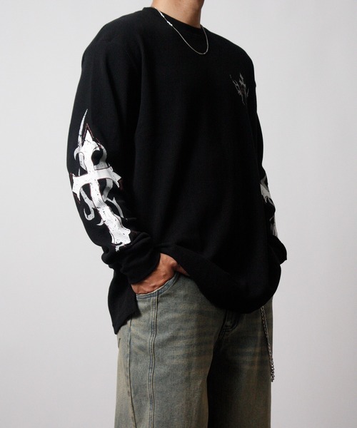 NYLAUS(ナイラス)の「【NYS】クロスロゴ ワッフルロングTシャツ ウイングロゴ トライバルデザイン ロンT 長袖Tシャツ(Tシャツ/カットソー・メンズ・ホワイト系その他/ホワイト/ブラック/ブラック系その他・M/L)」の22枚目の写真