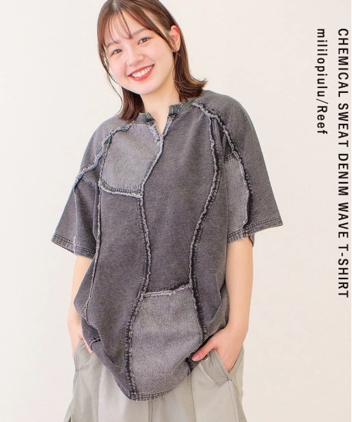 go slow caravan(ゴースローキャラバン)の「mililopiulu/ミリロピュール ケミカル 裏毛デニム ウェーブTEE(Tシャツ/カットソー・レディース・ブルー/グレー・FREE)」の6枚目の写真