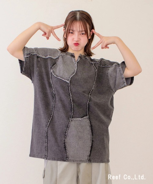 go slow caravan(ゴースローキャラバン)の「mililopiulu/ミリロピュール ケミカル 裏毛デニム ウェーブTEE(Tシャツ/カットソー・レディース・ブルー/グレー・FREE)」の7枚目の写真
