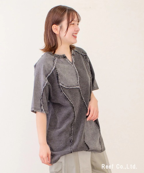 go slow caravan(ゴースローキャラバン)の「mililopiulu/ミリロピュール ケミカル 裏毛デニム ウェーブTEE(Tシャツ/カットソー・レディース・ブルー/グレー・FREE)」の9枚目の写真