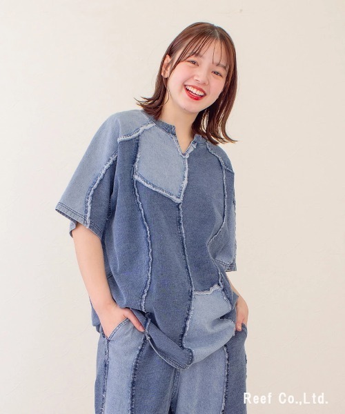 go slow caravan(ゴースローキャラバン)の「mililopiulu/ミリロピュール ケミカル 裏毛デニム ウェーブTEE(Tシャツ/カットソー・レディース・ブルー/グレー・FREE)」の18枚目の写真