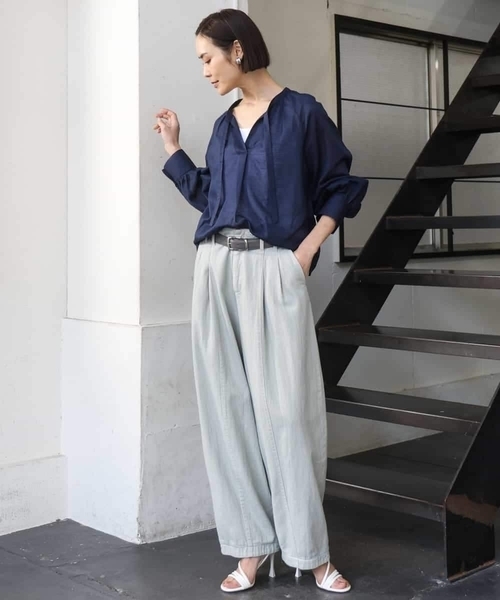 MICHEL KLEIN（ミッシェル・クラン）の「[セットアップ対応]ライトワッフル細めリボンスキッパーブラウス（シャツ/ブラウス・レディース・ネイビー・38）」の6枚目の写真