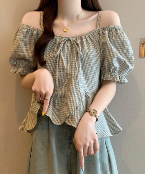 semplice（センプリチェ）の「ブラウス【韓国ファッション】（シャツ/ブラウス・レディース・ベージュ/ブルー・F）」の5枚目の写真
