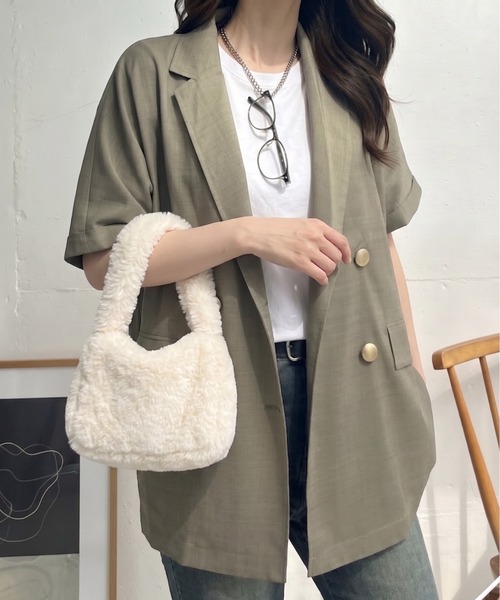 Ada.(エイダ)の「【涼感/冷房・日焼け 対策】リネンライク ダブル 金ボタン 半袖 テーラード ジャケット(テーラードジャケット・レディース・ベージュ/ブラック/グレイッシュベージュ・FREE)」の1枚目の写真