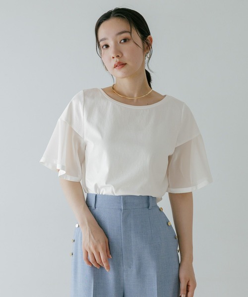 Andemiu(アンデミュウ)の「ソデフハクカットソー659216(Tシャツ/カットソー・レディース・ライトグレー/ブラック/オフホワイト/サーモンピンク・FREE)」の2枚目の写真