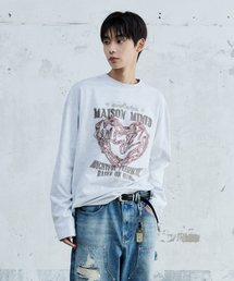MAISON MINED（メゾンミネド）の「DOODLE HEART LONG SLEEVE MELANGE WHITE（Tシャツ/カットソー）」