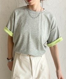 半袖 バイカラー配色 袖ロールアップ Tシャツ