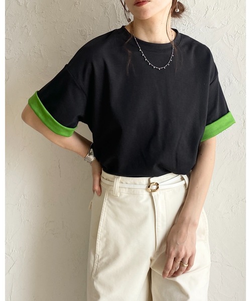 She's Closet(シーズクローゼット)の「半袖 バイカラー配色 袖ロールアップ Tシャツ(Tシャツ/カットソー・レディース・ブラック/グレー/ブルー/オフホワイト・FREE)」の19枚目の写真