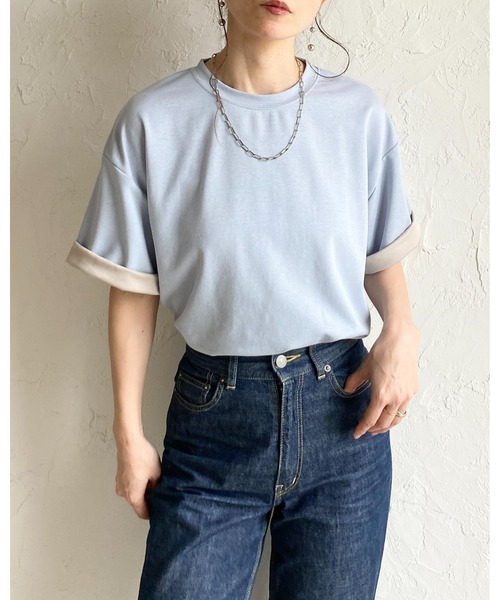 She's Closet(シーズクローゼット)の「半袖 バイカラー配色 袖ロールアップ Tシャツ(Tシャツ/カットソー・レディース・ブラック/グレー/ブルー/オフホワイト・FREE)」の20枚目の写真