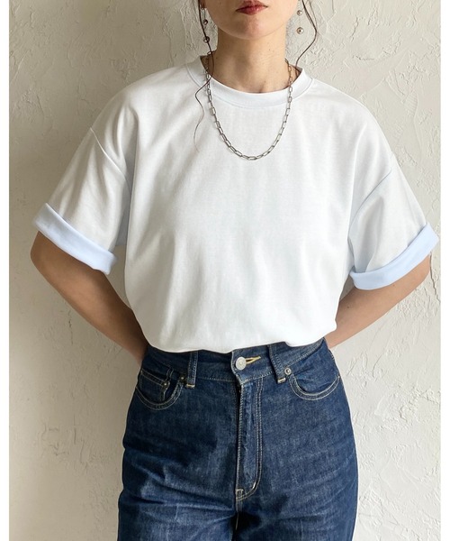 She's Closet(シーズクローゼット)の「半袖 バイカラー配色 袖ロールアップ Tシャツ(Tシャツ/カットソー・レディース・ブラック/グレー/ブルー/オフホワイト・FREE)」の21枚目の写真