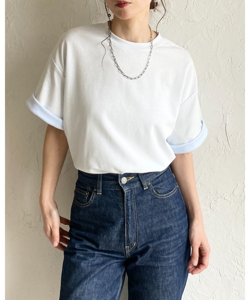 She's Closet(シーズクローゼット)の「半袖 バイカラー配色 袖ロールアップ Tシャツ(Tシャツ/カットソー・レディース・ブラック/グレー/ブルー/オフホワイト・FREE)」の22枚目の写真