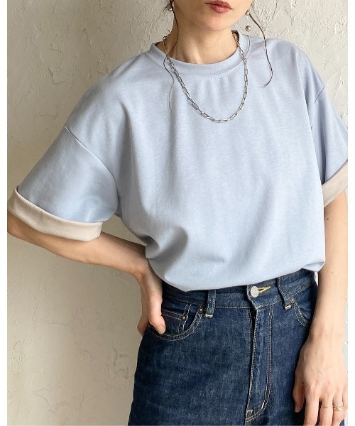 She's Closet(シーズクローゼット)の「半袖 バイカラー配色 袖ロールアップ Tシャツ(Tシャツ/カットソー・レディース・ブラック/グレー/ブルー/オフホワイト・FREE)」の12枚目の写真