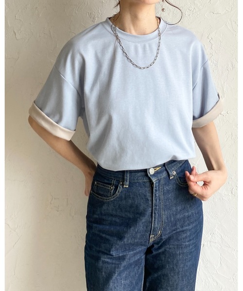 She's Closet(シーズクローゼット)の「半袖 バイカラー配色 袖ロールアップ Tシャツ(Tシャツ/カットソー・レディース・ブラック/グレー/ブルー/オフホワイト・FREE)」の13枚目の写真