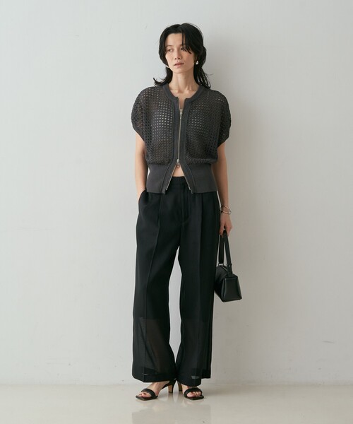 qualite(カリテ)の「ZIP UP 透かしニット 春服 夏服 羽織り シアー(ニット/セーター・レディース・ブラウン/チャコールグレー/オフホワイト・フリー)」の5枚目の写真