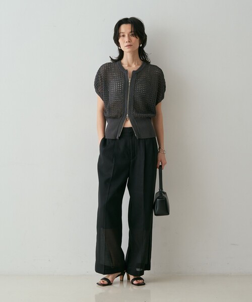 qualite(カリテ)の「ZIP UP 透かしニット 春服 夏服 羽織り シアー(ニット/セーター・レディース・ブラウン/チャコールグレー/オフホワイト・フリー)」の6枚目の写真