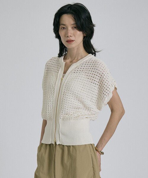 qualite(カリテ)の「ZIP UP 透かしニット 春服 夏服 羽織り シアー(ニット/セーター・レディース・ブラウン/チャコールグレー/オフホワイト・フリー)」の14枚目の写真