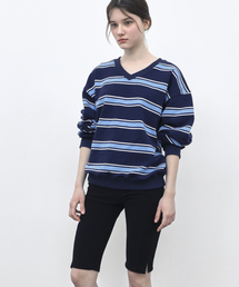 STRIPE V NECK SWEATSHIRT - NAVY