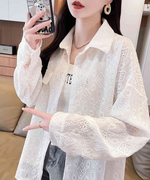 AMAJI(アマジ)の「総レース シアーシャツジャケット(シャツ/ブラウス・レディース・ホワイト/ライトピンク・MEDIUM/LARGE/X-LARGE)」の3枚目の写真