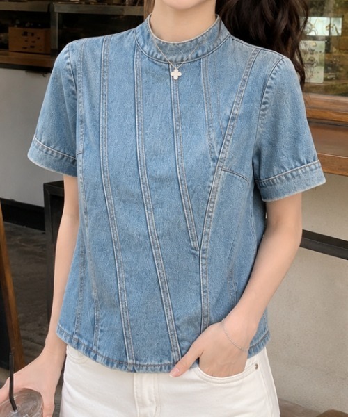 FACTOTUM(ファクトタム)の「ハーフネックデニムTシャツ(Tシャツ/カットソー・レディース・ブルー・M/S)」の2枚目の写真