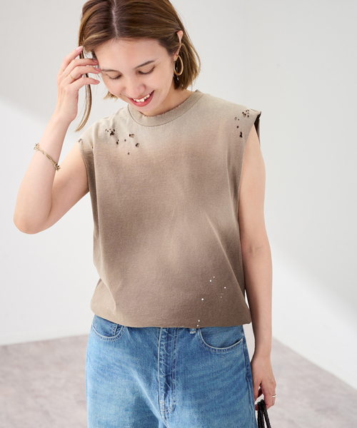 FRAMeWORK（フレームワーク）の「JOHNBULL/ジョンブル クラッシュノースリーブカットオフT（Tシャツ/カットソー・レディース・ブラウン/チャコールグレー/ホワイト・FREE）」の3枚目の写真
