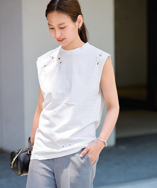 FRAMeWORK（フレームワーク）の「JOHNBULL/ジョンブル クラッシュノースリーブカットオフT（Tシャツ/カットソー・レディース・ブラウン/チャコールグレー/ホワイト・FREE）」の9枚目の写真