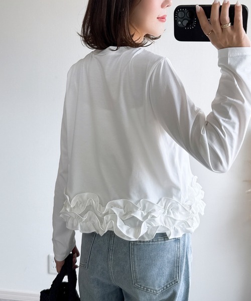 &. NOSTALGIA(アンドドットノスタルジア)の「【ZOZO限定】裾フリルロングTシャツ(接触冷感・UVカット)(Tシャツ/カットソー・レディース・ホワイト/ブラック・M)」の5枚目の写真