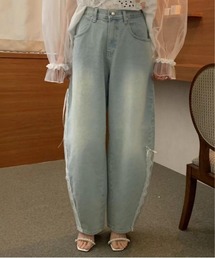 サイドレース付きリボン付きカーブデニムパンツ