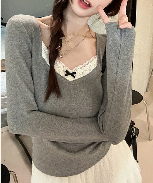 Mejoul(メジュール)の「【2026秋冬新作】リボンレースレイヤード風Vネックトップス(Tシャツ/カットソー・レディース・アイボリー/グレー・F)」の3枚目の写真