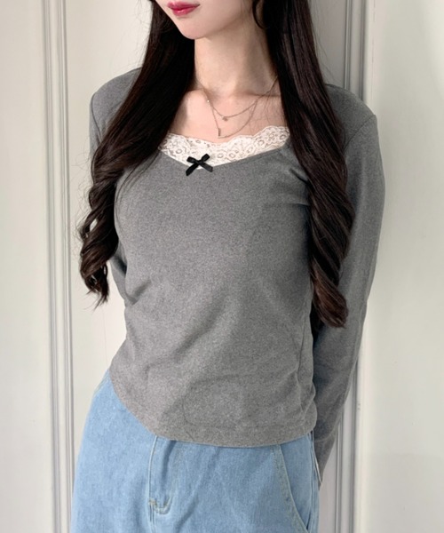 Mejoul(メジュール)の「【2026秋冬新作】リボンレースレイヤード風Vネックトップス(Tシャツ/カットソー・レディース・アイボリー/グレー・F)」の15枚目の写真