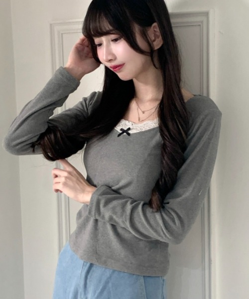 Mejoul(メジュール)の「【2026秋冬新作】リボンレースレイヤード風Vネックトップス(Tシャツ/カットソー・レディース・アイボリー/グレー・F)」の16枚目の写真
