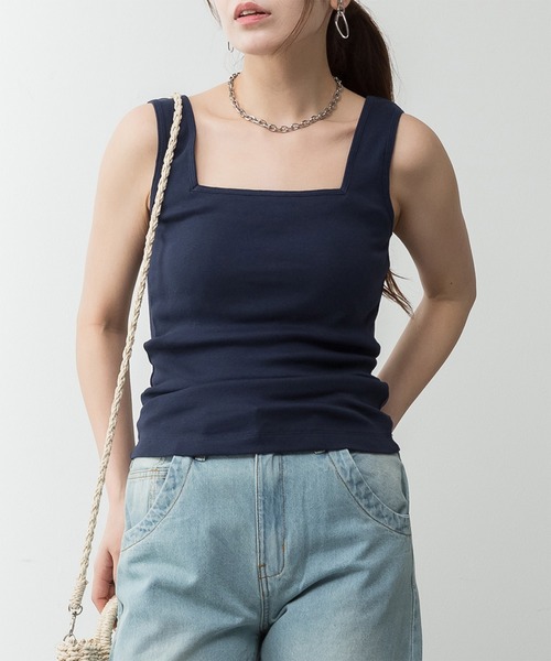 ElegChic(エレグシック)の「カップ付きスクエアーネックタンクトップ(タンクトップ・レディース・オフホワイト/カーキ/ネイビー/チャコールグレー/ブラック/杢グレー/グレイッシュベージュ・XXL/XL/L/M/4L)」の13枚目の写真