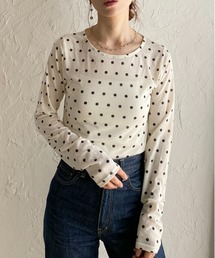 クルーネック長袖 ドットシアーロングTシャツトップス