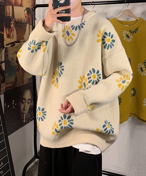 BENDER TOKYO（ベンダートウキョウ）の「【BENDER TOKYO】花柄 デイジーモチーフ ダブルジャガード ルーズニット プルオーバー［ユニセックス］（ニット/セーター・メンズ・ブラック/ベージュ/ミント/マスタード・FREE/M/L/2XL/XL）」の2枚目の写真