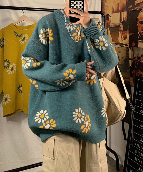 BENDER TOKYO（ベンダートウキョウ）の「【BENDER TOKYO】花柄 デイジーモチーフ ダブルジャガード ルーズニット プルオーバー［ユニセックス］（ニット/セーター・メンズ・ブラック/ベージュ/ミント/マスタード・FREE/M/L/2XL/XL）」の3枚目の写真
