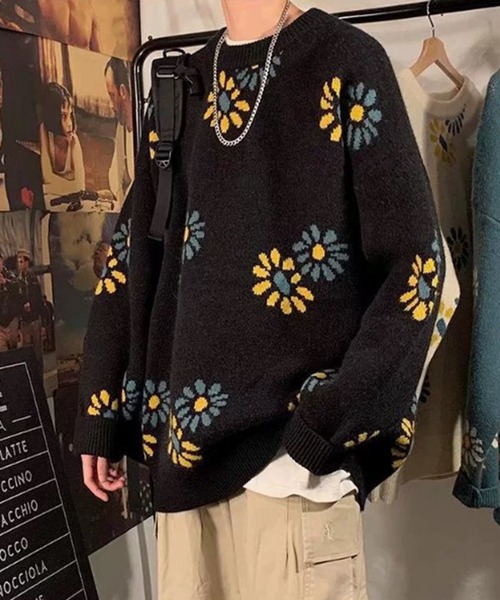 BENDER TOKYO（ベンダートウキョウ）の「【BENDER TOKYO】花柄 デイジーモチーフ ダブルジャガード ルーズニット プルオーバー［ユニセックス］（ニット/セーター・メンズ・ブラック/ベージュ/ミント/マスタード・FREE/M/L/2XL/XL）」の11枚目の写真