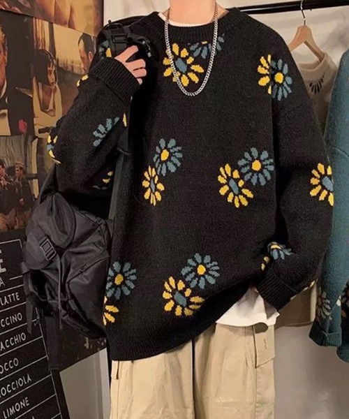 BENDER TOKYO（ベンダートウキョウ）の「【BENDER TOKYO】花柄 デイジーモチーフ ダブルジャガード ルーズニット プルオーバー［ユニセックス］（ニット/セーター・メンズ・ブラック/ベージュ/ミント/マスタード・FREE/M/L/2XL/XL）」の14枚目の写真