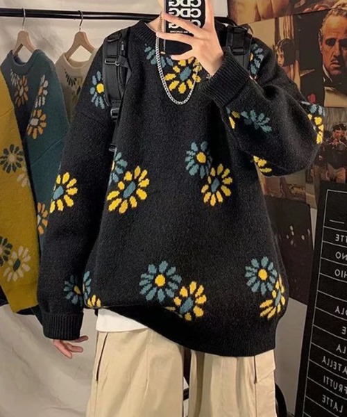 BENDER TOKYO（ベンダートウキョウ）の「【BENDER TOKYO】花柄 デイジーモチーフ ダブルジャガード ルーズニット プルオーバー［ユニセックス］（ニット/セーター・メンズ・ブラック/ベージュ/ミント/マスタード・FREE/M/L/2XL/XL）」の12枚目の写真