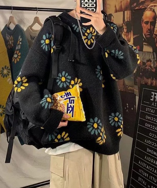 BENDER TOKYO（ベンダートウキョウ）の「【BENDER TOKYO】花柄 デイジーモチーフ ダブルジャガード ルーズニット プルオーバー［ユニセックス］（ニット/セーター・メンズ・ブラック/ベージュ/ミント/マスタード・FREE/M/L/2XL/XL）」の9枚目の写真