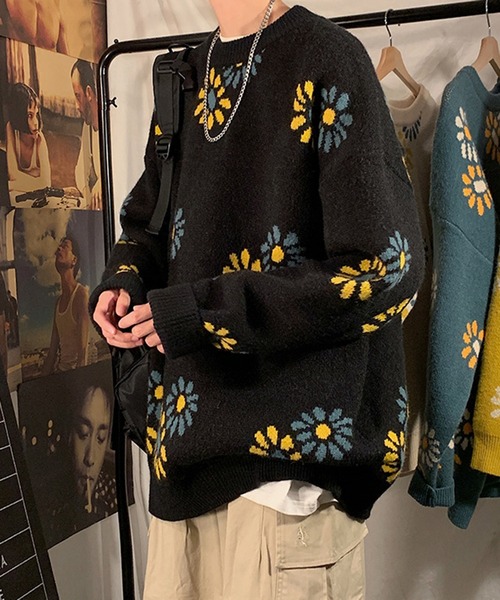 BENDER TOKYO（ベンダートウキョウ）の「【BENDER TOKYO】花柄 デイジーモチーフ ダブルジャガード ルーズニット プルオーバー［ユニセックス］（ニット/セーター・メンズ・ブラック/ベージュ/ミント/マスタード・FREE/M/L/2XL/XL）」の10枚目の写真