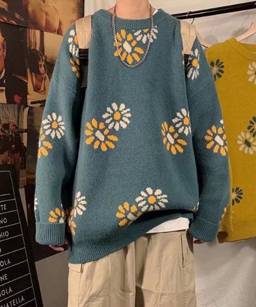 BENDER TOKYO（ベンダートウキョウ）の「【BENDER TOKYO】花柄 デイジーモチーフ ダブルジャガード ルーズニット プルオーバー［ユニセックス］（ニット/セーター・メンズ・ブラック/ベージュ/ミント/マスタード・FREE/M/L/2XL/XL）」の16枚目の写真