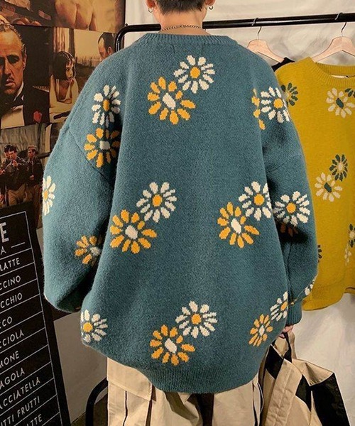 BENDER TOKYO（ベンダートウキョウ）の「【BENDER TOKYO】花柄 デイジーモチーフ ダブルジャガード ルーズニット プルオーバー［ユニセックス］（ニット/セーター・メンズ・ブラック/ベージュ/ミント/マスタード・FREE/M/L/2XL/XL）」の6枚目の写真