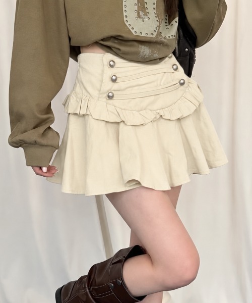 Achic(アシック)の「ナポレオンボタンフリルミニスカート(スカート・レディース・ブラウン/ブラック/アイボリー・M)」の6枚目の写真