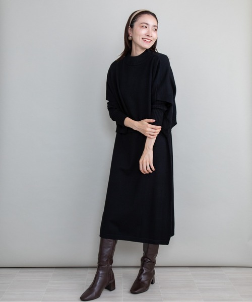 lodie(ロディ)の「【セット】ポンチョ×ニットワンピース(セットアップ・レディース・ベージュ/ブラック/グレー・FREE)」の1枚目の写真